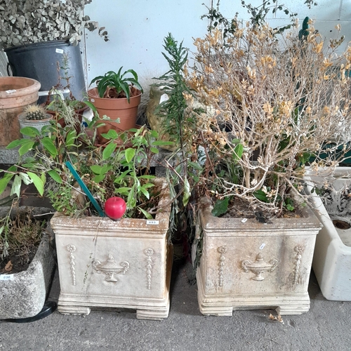 693 - Star lot : A pair of very heavy reconstituted stone square garden planters with classical raised rel... 