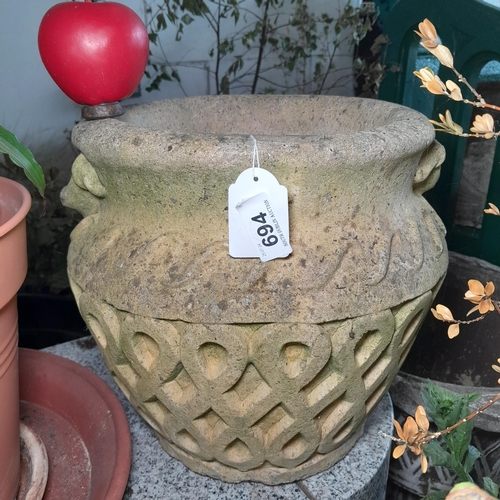 694 - A gorgeous Cotswold studio heavy stone garden urn / planter with Celtic knot design.