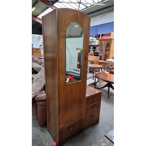 801 - Star Lot: Vintage wooden wardrobe with mirrored door, built-in drawers, and a hanging rail. Likely M... 