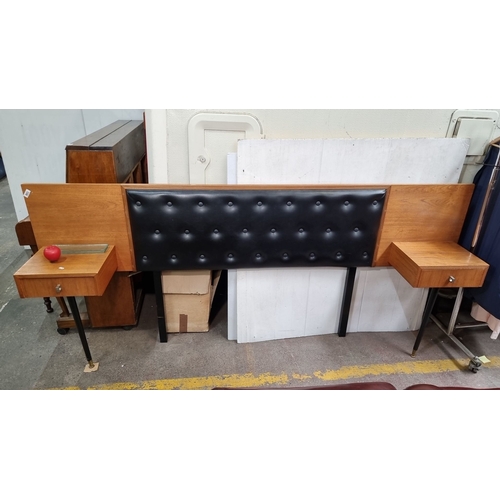 803 - Star Lot: A Mid-Century Modern headboard with built-in side tables, oak veneer and black tufted leat... 