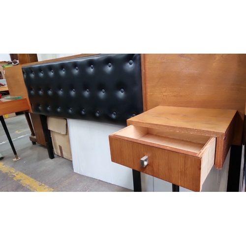 803 - Star Lot: A Mid-Century Modern headboard with built-in side tables, oak veneer and black tufted leat... 