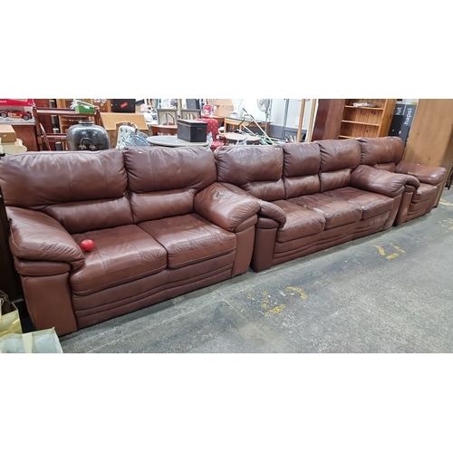 816 - Star Lot: A large very comfortable Italian brown leather Three piece Suite with plush cushioning. Fr... 