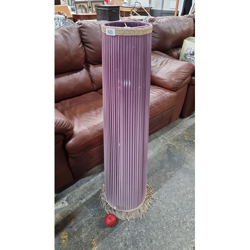 823 - Tall vintage lampshade in purple pleated fabric with gold trim and fringe detailing. Interior view s... 