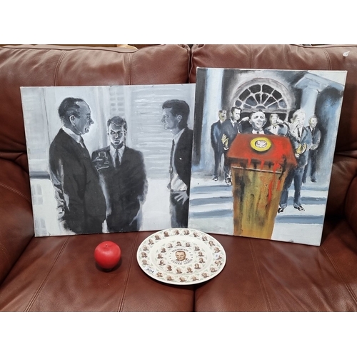 824 - Mixed lot od American Presidential items two political-themed oil paintings and a decorative plate w... 