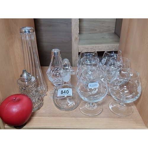 840 - Set of 10 crystal glass items including etched brandy glasses, cut glass decanters, and a salt shake... 