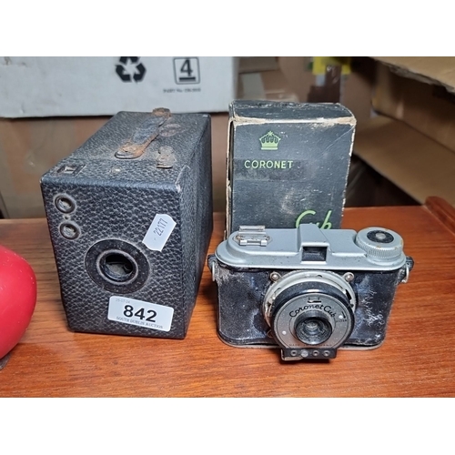 842 - Pair of vintage cameras, a Coronet Clix with original box, and an Agfa camera that uses Kodak 120 fi... 