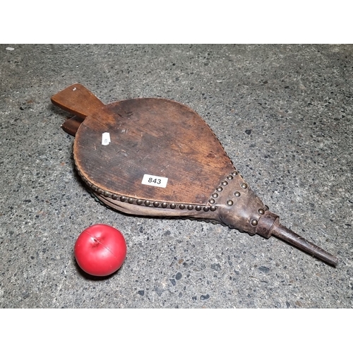 843 - Antique large wooden and metal fireplace bellows with brass studs.