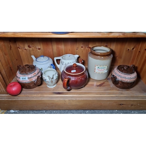 850 - Collection of vintage ceramic teapots, pitcher, and Keiller marmalade jar, including Ancienne Fabriq... 