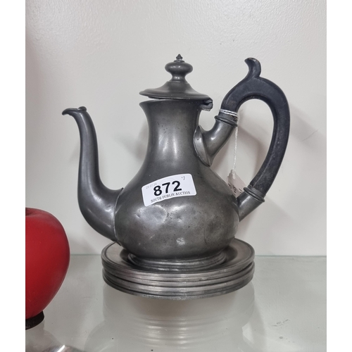 872 - An antique Sheffield pewter coffee pot, Lovely shape. With 6 antique pewter coasters.