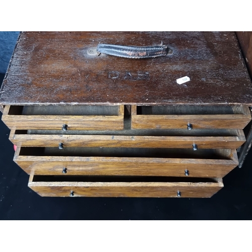 904 - Vintage oak five-drawer tool chest with leather handle. It features firm dovetail joints and origina... 