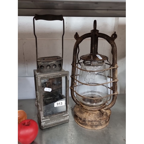 913 - Pair of vintage lanterns; one with 