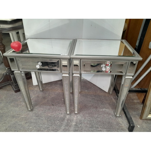 942 - Star lot : A pair of mirrored glass side tables with pull out drawer to centre and tapered legs, Fro... 