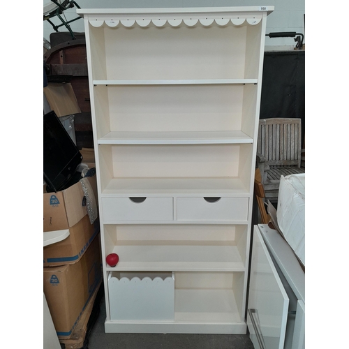 950 - A well made shelving unit with two pull out drawers, one storage box and five shelves. A coordinatin... 