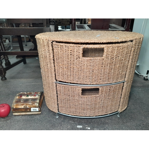 956 - Two items including a neatly sized wicker two drawer storage unit along with a very pretty lidded je... 