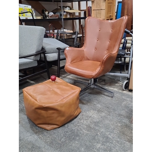 780 - Mid-Century Modern swivel chair with matching ottoman. Features a high back and tufted buttons on a ... 