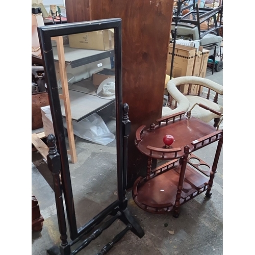 790 - Vintage tri-fold wooden adjustable mirror. Dark wood, multi-tier tea cart with spindled railings and... 