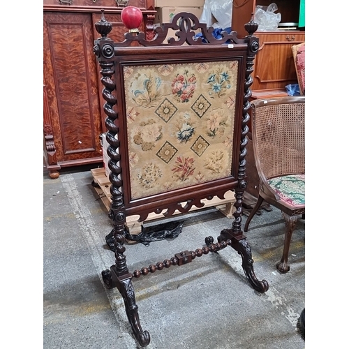 793 - Victorian carved oak firescreen with intricate barley twist columns and floral tapestry panel. Rich ... 