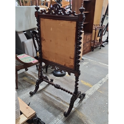 793 - Victorian carved oak firescreen with intricate barley twist columns and floral tapestry panel. Rich ... 