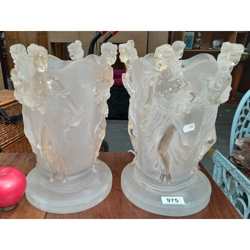 975 - Star lot : A pair of stunning and elegant French Lalique style table top lamps. heavy very good qual... 