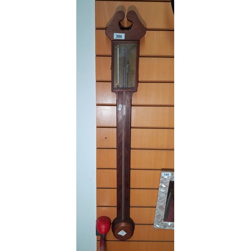 986 - Star lot : A  georgian stick  barometer by A. marinon & co  with checkered string inlay and hinged g... 