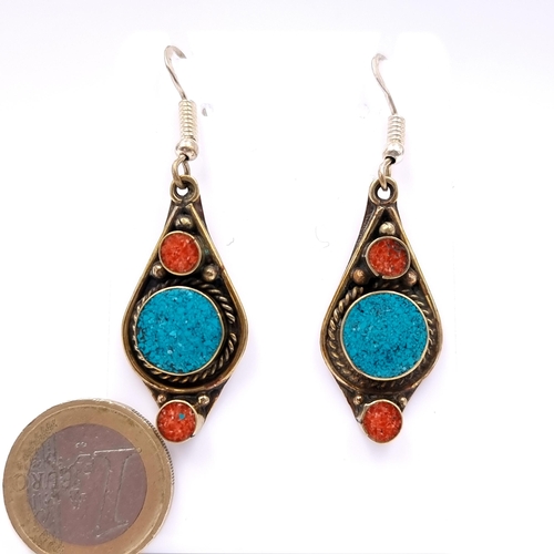 1004 - A pair of sweet Sterling 925 turquoise and coral drop earrings. In a gold toned finish. 
Total Weigh... 