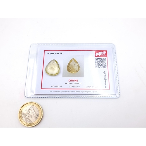 1048 - A large Citrine Pear cut stone of 11.10 carats. Comes with GFCO Gem Lab Certificate of Authenticity.