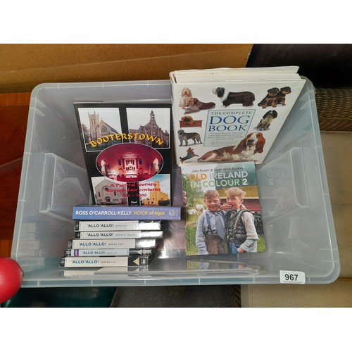 967 - A box containing a selection of books and DVDs  including The Compete Dog Book, The Box set of Allo ... 