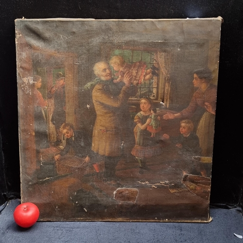 1081 - Star Lot: An antique original 19th century oil on canvas painting titled 'The Welcome Visit'. Featur... 