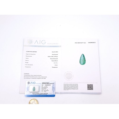 1045 - A Natural Emerald Weight: 1.11 Ct Pear faceted. Comes with an AIG certificate of authenticity.