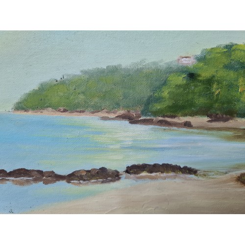 721 - Star Lot: An original 'E. Cripps' serene oil on board painting titled 'Portolet Bay 1986'. Features ... 