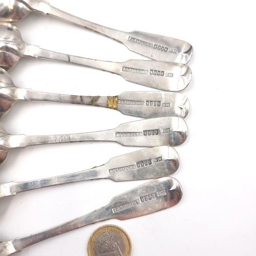 21 - Star Lot : A collection of six Irish silver fiddle pattern dessert spoons set with initials. Hallmar... 