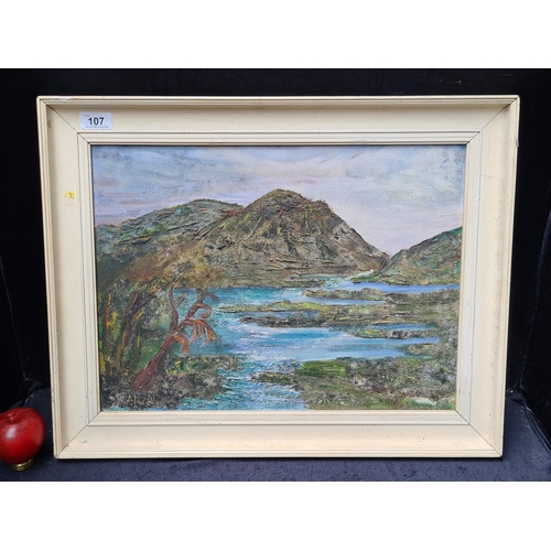 107 - A mid century Irish School,  highly textured original oil on board painting showing a rural landscap... 