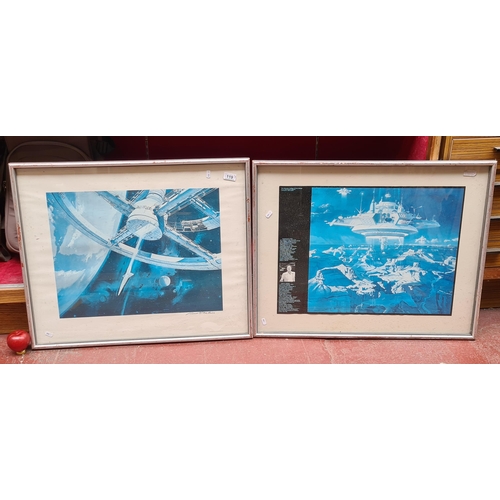 119 - A pair of large framed hand signed prints featuring conceptual space station designs by Robert T. Mc... 