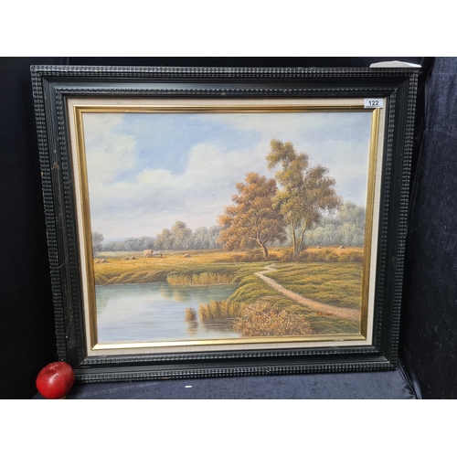 122 - A large original oil on canvas board painting featuring an impressive landscape with farmers collect... 