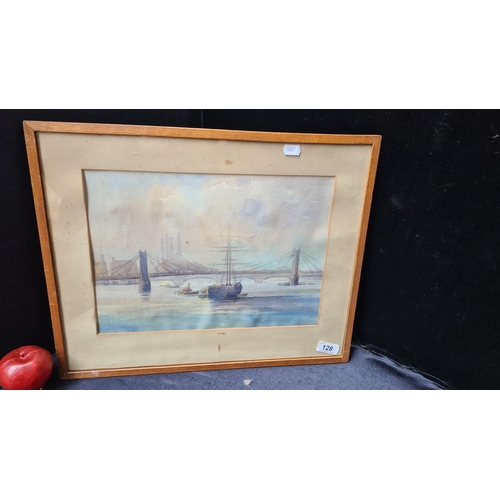 128 - An entrancing watercolour on paper painting. Features the Brooklyn bridge with nautical scenes. Rend... 