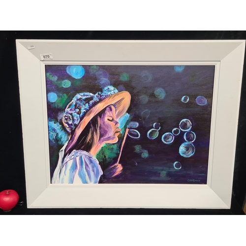 70 - A vibrant original acrylic on canvas painting titled 'Blowing Bubbles'. Features a portrait of a you... 