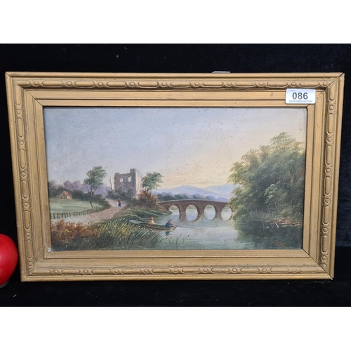 86 - An original antique oil on board painting. Features a Victorian style River scene with bridge and fi... 