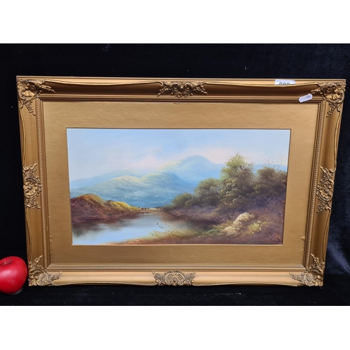 88 - An original picturesque oil on board painting. Features a landscape with blue mountains, lush green ... 