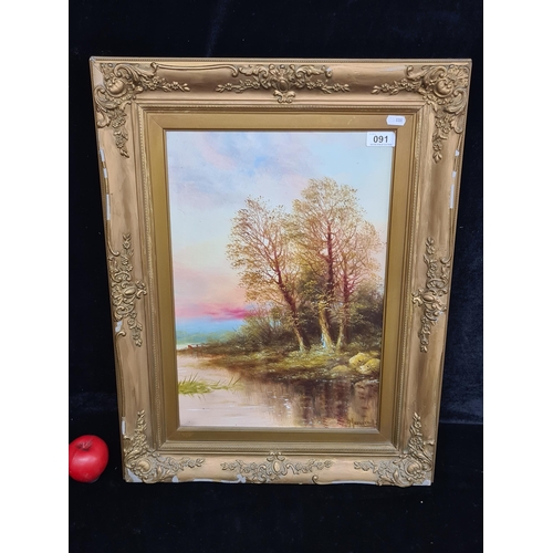 91 - A large original oil on board painting. Features a bucolic landscape scene. Rendered in a vivid colo... 