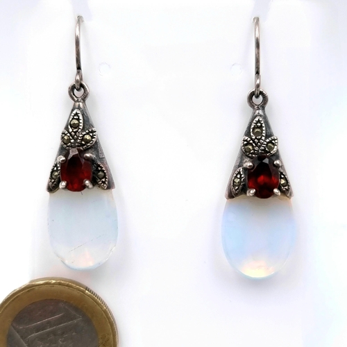 31 - A pair of attractive garnet and opaline with marcasite detail. Length of earrings - 3 cms. Weight - ... 