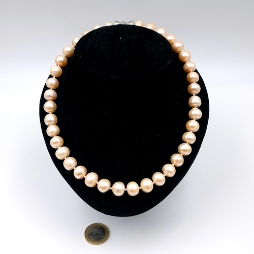 36 - A very nice example of a hand knotted pearl necklace. Large Pearls - 11mm diameter. Set with silver ... 