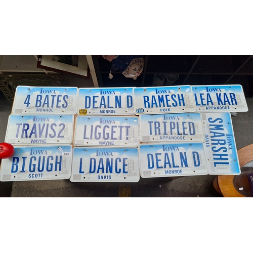 639 - Collection of 11 personalized Iowa license plates, including counties Polk, Monroe, Wayne, Appanoose... 
