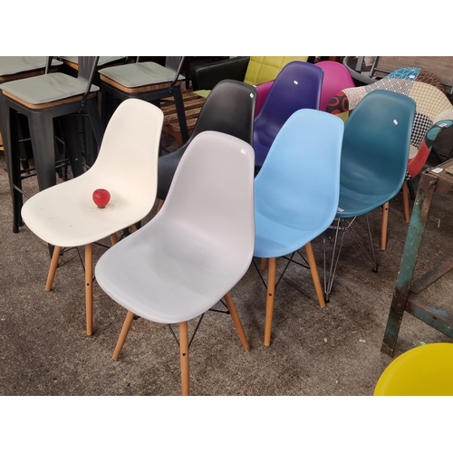 801 - Star lot : A funky set of six dark toned colour chairs in light blue, teal, black, navy, white and g... 