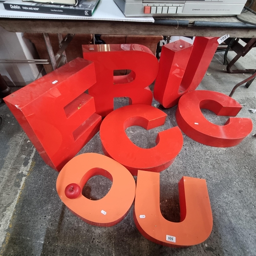 809 - A selection of large red and orange plastic letters- E R U u C C o. Best countdown word wins.