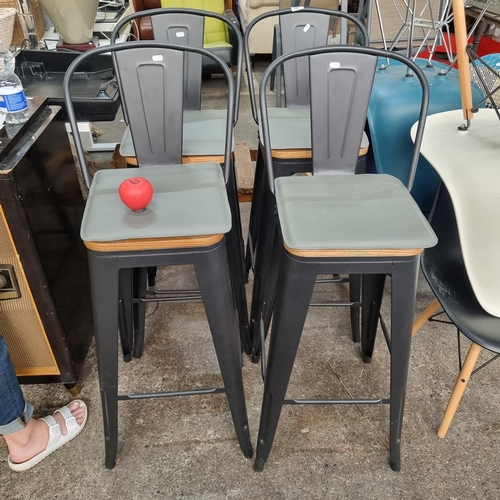 827 - Star Lot : A set of four brand new tall breakfast bar stools with metal frame, wooden seats and faux... 