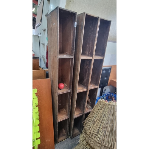 877 - Two vintage tall wooden display shelving units. These would look very cool filled with vinyl records... 