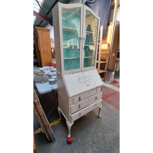 885 - Star lot : A nice vintage shabby chic  writing slope desk with three pull out drawers and a matching... 