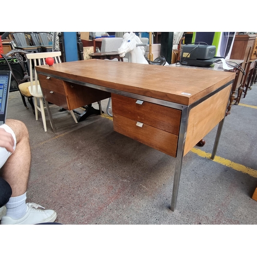 888 - Star lot :A mid century modern tank desk on a steel frame with four pull our drawers and steel tab p... 