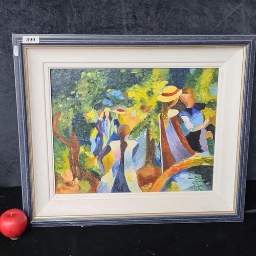 899 - A captivating vibrant original oil on board painting. Features figures in impressionist style. Rende... 