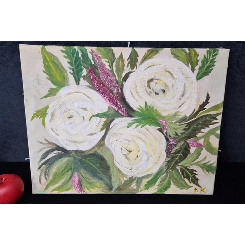 910 - A lovely original oil on canvas painting. Features a still life botanical study of flowers. Rendered... 